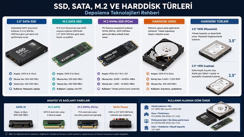 SSD ve HDD Nedir? SATA, NVMe, PCIe ve M.2 Rehberi (2026 Güncel)